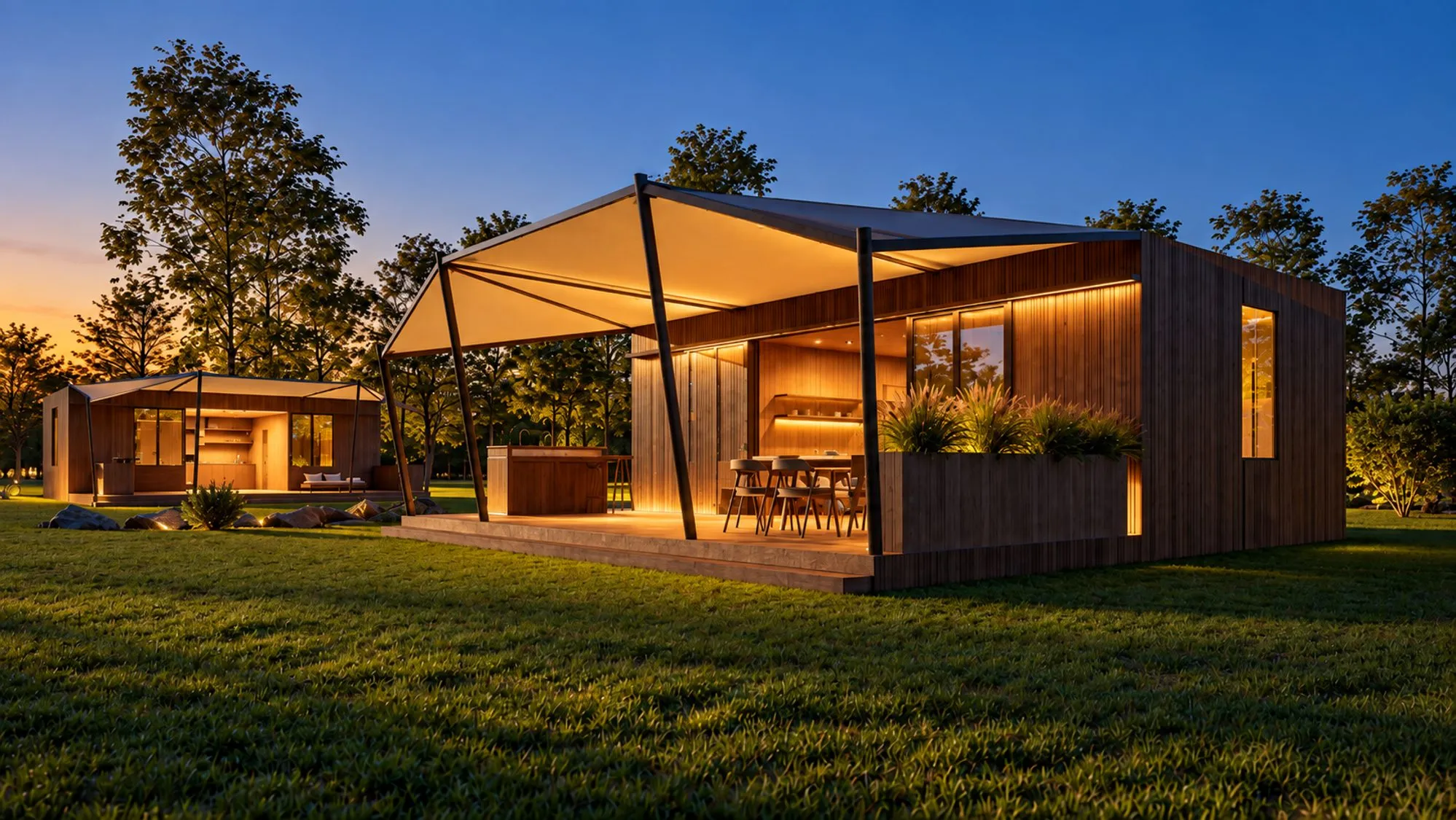 Deux lodges éclairés à la tombée de la nuit