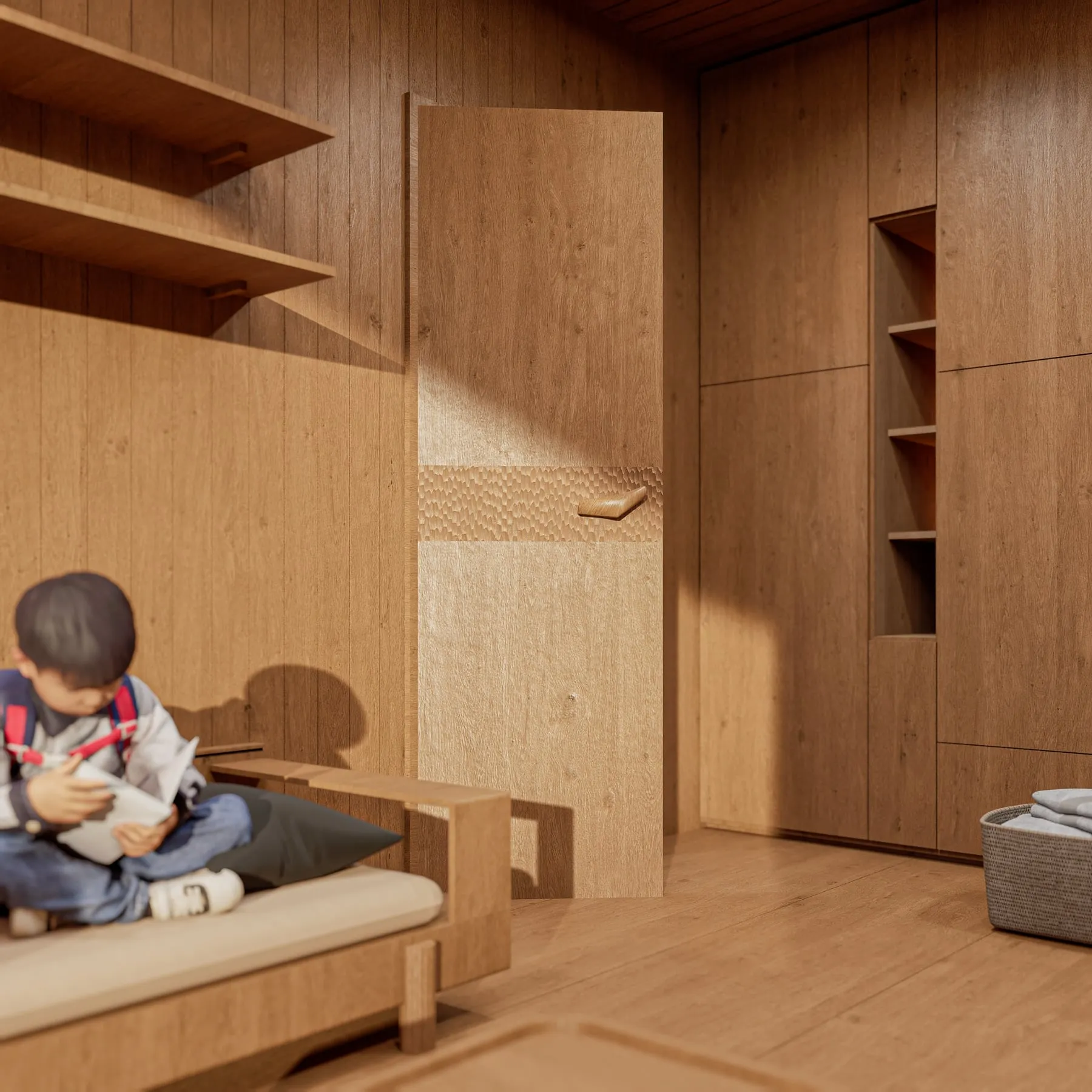 Enfant dans le séjour en bois d’un lodge, panneau gougé au mur