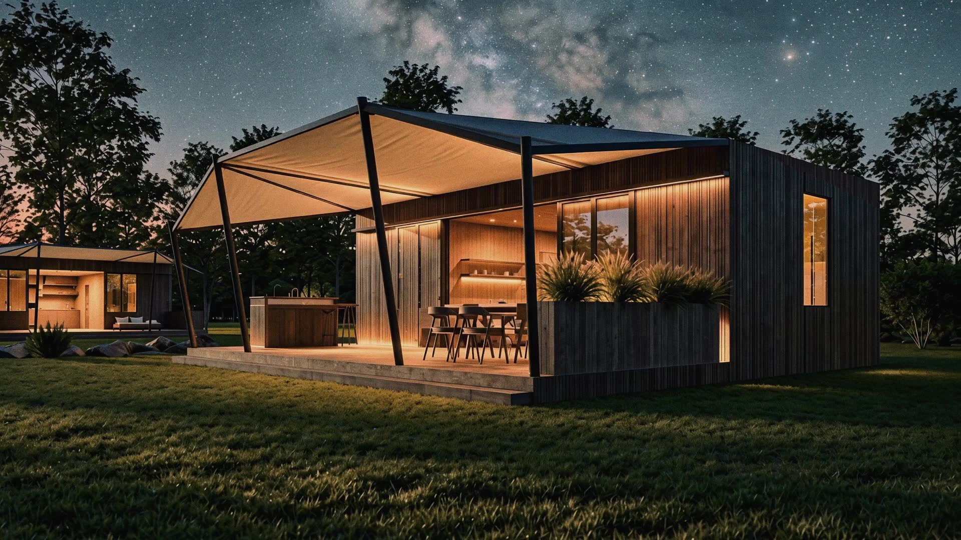 Lodge en bois Inspiration à la tombée de la nuit, terrasse couverte éclairée